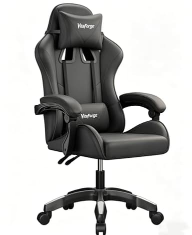 VitaForge Silla Gaming, Silla de Oficina Ergonómica con Altura Ajustable, Soporte Lumbar y Reposacabezas - Cuero PU, para Oficina o Juegos Negro. (Negro Puro, Curvo)