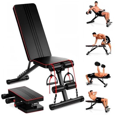 EveryKip Banco de Musculación Ajustable y Plegable para Pesas y Mancuernas, Banco de Pesas Multifunción Gimnasio en Casa, Entrenamiento 7 en 1,Regulable, Abdominales Red Para Gatos 8x3m