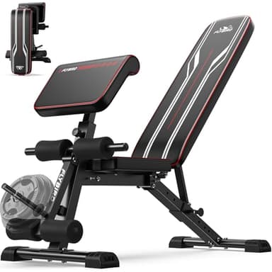 Banco de pesas FLYBIRD con CurlPad y extensión de piernas , Banco de entrenamiento plegable multifuncional, banco de ejercicios con capacidad para 360KG de peso
