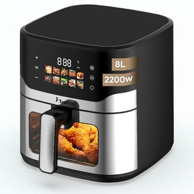 Narvi Freidora de Aire Doble Resistencia 8L - 2200W - Ventana Visible - 10 Menús - Cocción Sin Girar Alimentos - 80–200°C - Panel Digital Táctil Apta para Lavavajillas sin BPA ni PFOA