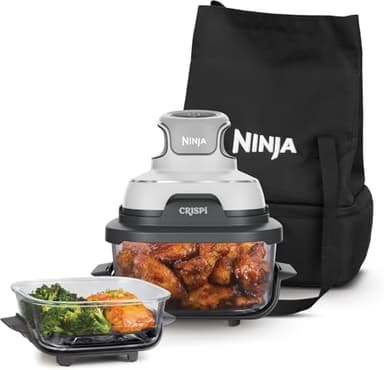 Ninja CRISPi Freidora de aire portátil, 3,8 L y 1,4 L, 4 en 1: Freír con aire, Asar, Mantener la temperatura, Dorar. Compacta, 2 recipientes de cristal extraíbles y tapas, 1700 W Blanco FN102EU