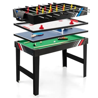 GOPLUS 4 en 1 Juegos de Mesa Adulto y Niño, Mesa Multijuegos de Fútbolin, Hockey, Ping-Pong, Billar, 125 x 97 x 83 cm，2-4 Juegos Interactivos para Hogar, Fiesta, Negro