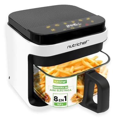 Nutrichef freidora de aire, 5.5L, 8 modos de coccion preestablecidos, Recipiente transparente, Control preciso de temperatura y tiempo