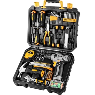 DEKO Caja Herramientas Completa con Destornillador Electrico/Taladro con bateria de 8V, Maletin de 126 Piezas, Caja profesional de herramientas Domésticas de Bricolaje para Oficinas y Jardín, Gris