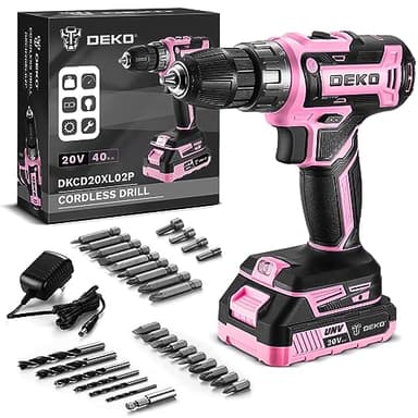 Taladro Inalámbrico, DEKOPRO 20V Taladro Atornillador Bateria con 1 Baterías y Cargador, 40 Nm, 2 Velocidad y LED, Adecuado para Bricolaje en Casa y Jardín,Rosa