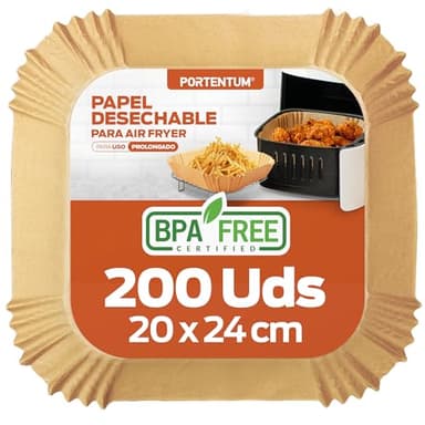 PORTENTUM Papel freidora aire 200 unidades de 20-20 cm Cuadrado. Papel Air Fryer Grado alimenticio BPA free, FDA y LFGB
