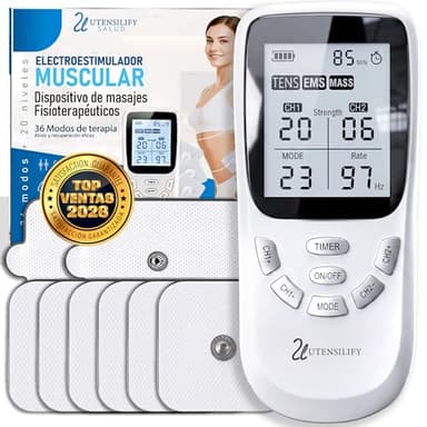| UTENSILIFY® Electroestimulador Muscular 3 EN 1 PREMIUM | TENS | 6 Electrodos Para Tens + 2 Electrodos Fisioterapia | 36 Modos + 20 Niveles de Intensidad | Estimulador Muscular | Tens | EMS|Mass