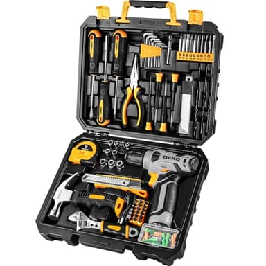 DEKO Caja Herramientas Completa con Destornillador Electrico/Taladro con bateria de 8V, Maletin de 126 Piezas, Caja profesional de herramientas Domésticas de Bricolaje para Oficinas y Jardín, Gris