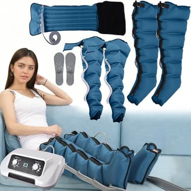 Presoterapia Piernas y Abdomen, Botas Presoterapia Piernas, 6 Camaras Maquina Masajeador Drenaje Linfatico Circulación, 0-30 Min, 0-240 Mmhg Ajustables (Azul, 2 brazos + 2 piernas + abdomen)