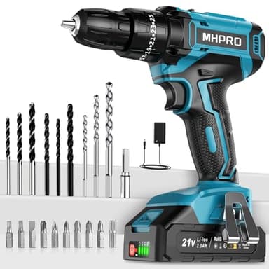 MHPRO Taladro Percutor a Bateria 21V, Taladro Atornillador Bateria, 42N.m Atornillador Electrico con Batería 2.0Ah, 25+3 Ajuste de Par, 24 Accesorios, 2 Velocidad, LED Luz Para Hogar, Bricolaje