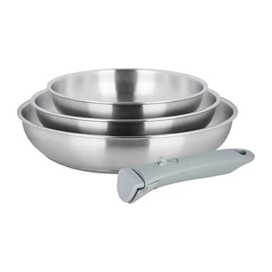 Sitram 716942 Juego de 3 sartenes ARPEGE 100% acero inoxidable Ø 20,24,28 cm - Cocina saludable porque SIN revestimiento antiadherente nocivo - Mango extraíble - Apto para todo tipo de fuegos