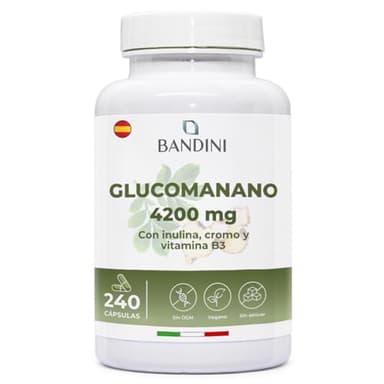 Bandini® Glucomanano Forte 4.200 mg por dosis diaria - 240 CÁPSULAS - Enriquecido con Cromo, Vitamina B3 e Inulina - Glucomannan a partir de fibra vegetal de raíz de Konjac - Suplemento de alta dosis