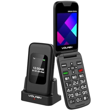 Volfen Orion Dual - Teléfono móvil de Tapa para Personas Mayores de Doble Pantalla, Botones y Teclas Grandes, fácil de Usar, USB-C, 3 memorias directas, Base de Carga (Negro)