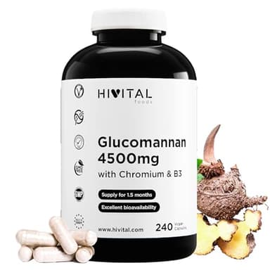 Glucomanano 4500 mg. 240 cápsulas veganas para 1,5 meses de tratamiento. Glucomannan a partir de fibra vegetal de raíz de Konjac con Cromo y Vitamina B3. Fabricado en España por HIVITAL