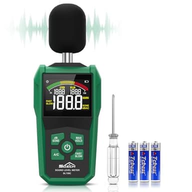 Sonometro, SQECH Medidor Decibelios con Pantalla Retroiluminada a Color,Medidor de Decibelios con Ponderación de A/C,Unidades dB/SONE,Respuesta RÁPIDA/LENTA,Max/Min,Retención de Datos,Rango 30-130dB