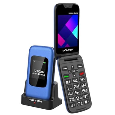 Volfen Orion Dual - Teléfono móvil de Tapa para Personas Mayores de Doble Pantalla, Botones y Teclas Grandes, fácil de Usar, USB-C, 3 memorias directas, Base de Carga (Azul)