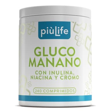 Glucomanano 4000 mg Por Dosis PiùLife, 240 Comprimidos, Suplemento de Glucomannan De Raíz De Konjac Con Inulina, Cromo Y Niacina, Saciante Apetito Natural, Bienestar Digestivo