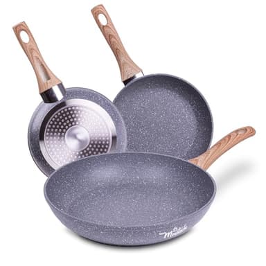La Moustache - Set de Sartenes de 20/24/28 cm【Ebook +40 Recetas】con Antiadherente, sin PFOA/PFOS, Juego Apto para Inducción, Batería de Cocina Profesional de Aluminio, Mangos Antiquemadura (Quilmes)