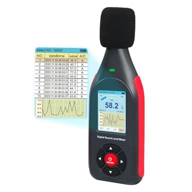 Medidor de decibelios, registrador de datos, decibelios de sonido digital, medidor de nivel de ruido con 43.000 conjuntos de datos y exportación, sonómetro recargable con frecuencia A/C y salida CC