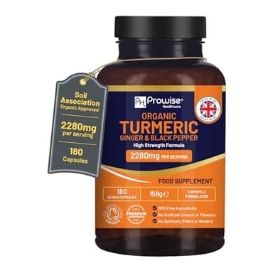 Cúrcuma orgánica 2280 mg (alta concentración) con pimienta negra y jengibre - 180 Cápsulas veganas de cúrcuma con ingrediente activo Curcumina I Reino Unido Fabricado por Prowise Healthcare