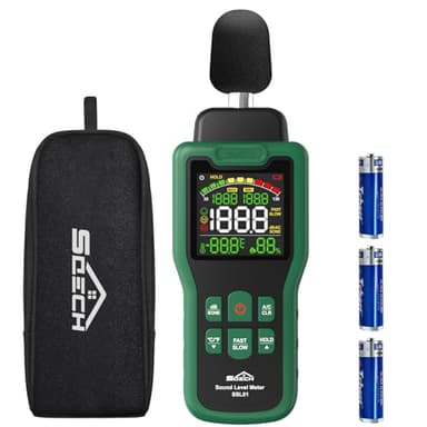 Sonometro, Medidor de Decibelios SQECH que Puede Medir Temperatura y Humedad, Decibelimetro de Pantalla Retroiluminada a Color, Pondération A/C, Unidades dB/SONE, Respuesta rápida/lenta, 30–130dB